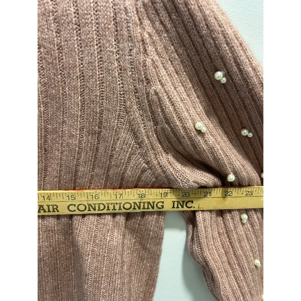 NWT Liz Claiborne Women Pearl Embellished Puff Sleeve Ribbed Knit Sweater Pink L